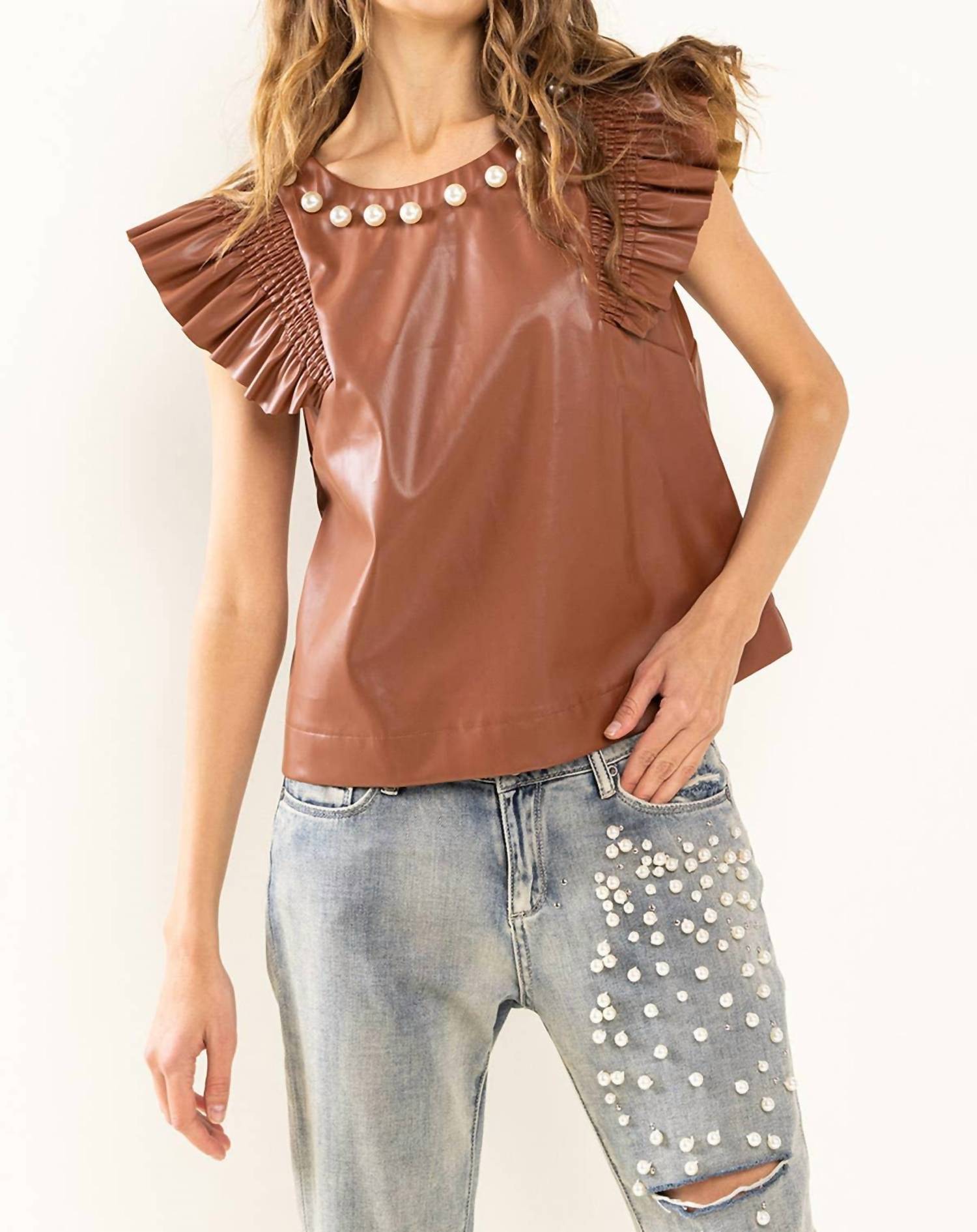 Ces Femme - Smocked Ruffled Shoulder Pearl Detail Top