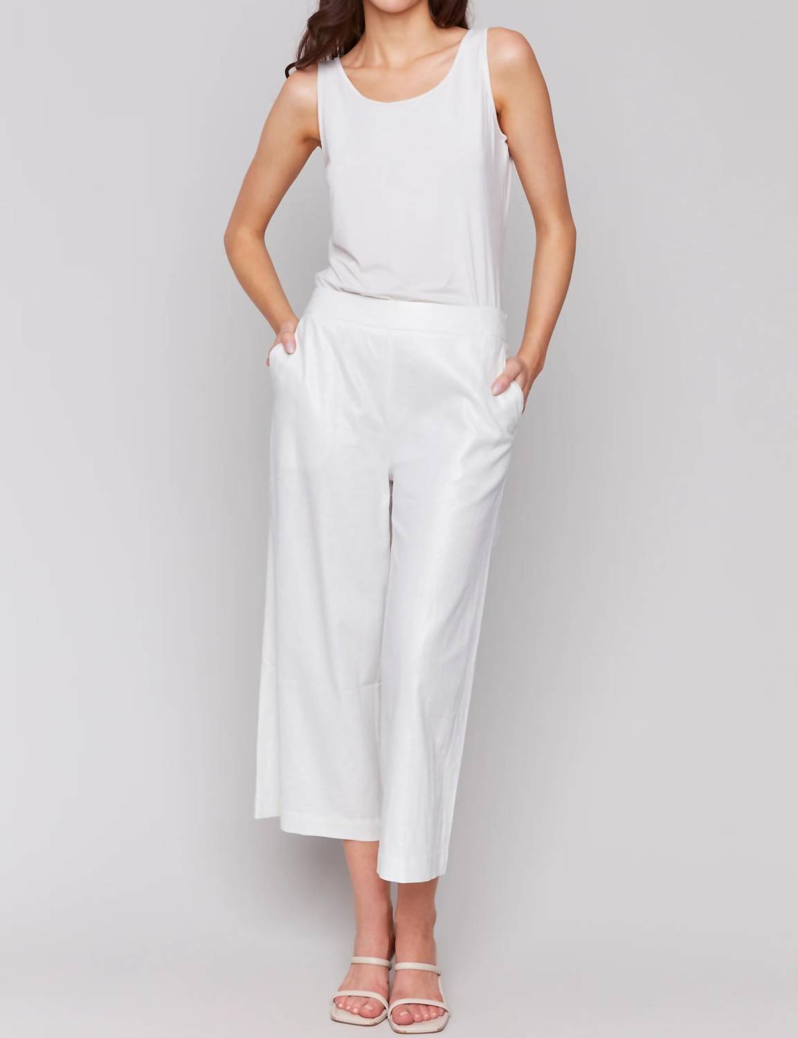 CHARLIE B Pull-on Foil Linen Pants With Pockets in champagne - women's pants