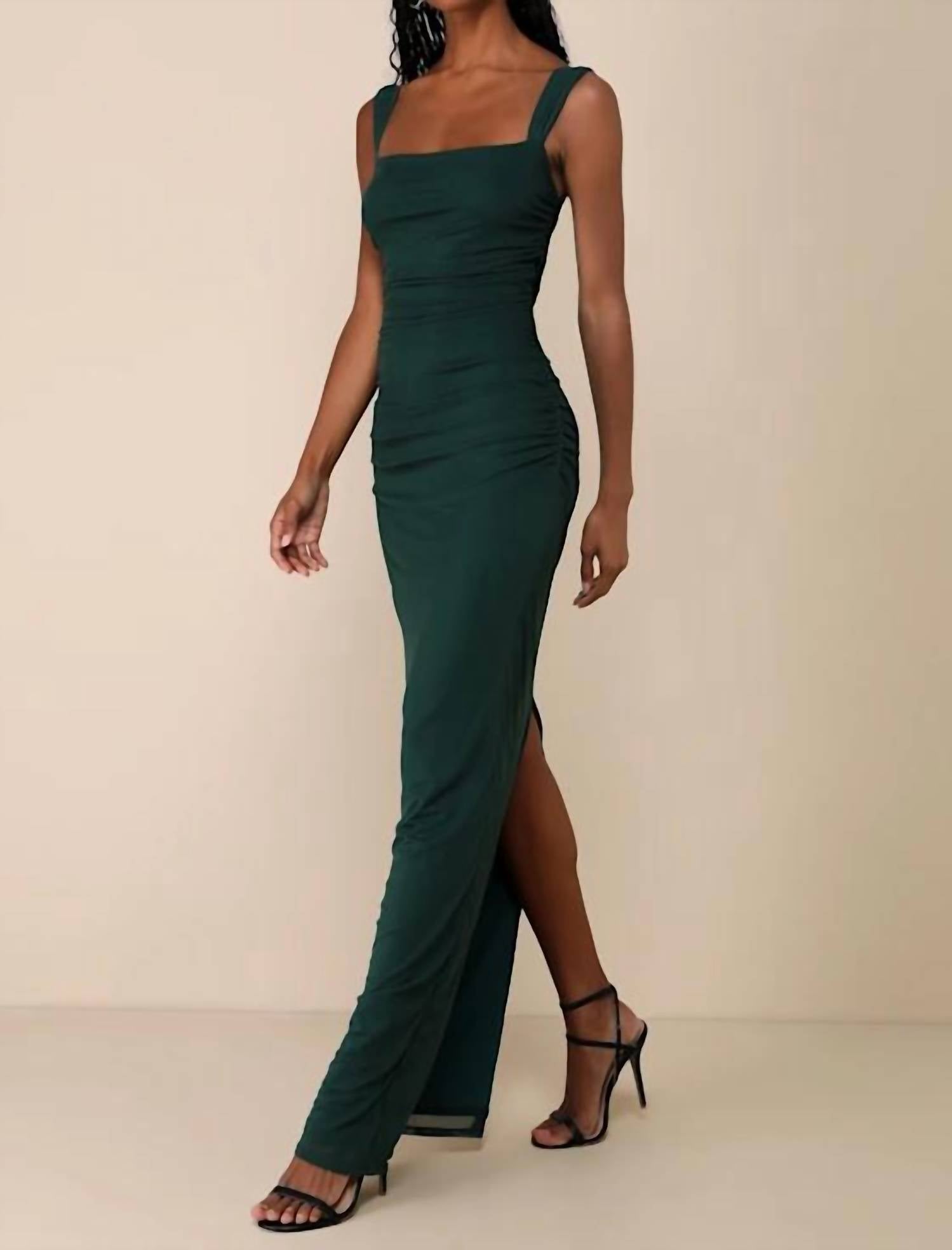 Lulus Amazing Presence Mesh Ruched Column Maxi Dress in dark green - women's dress - detail view