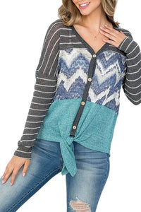 Oddy - Colorblock Front Tie Long Sleeve Top
