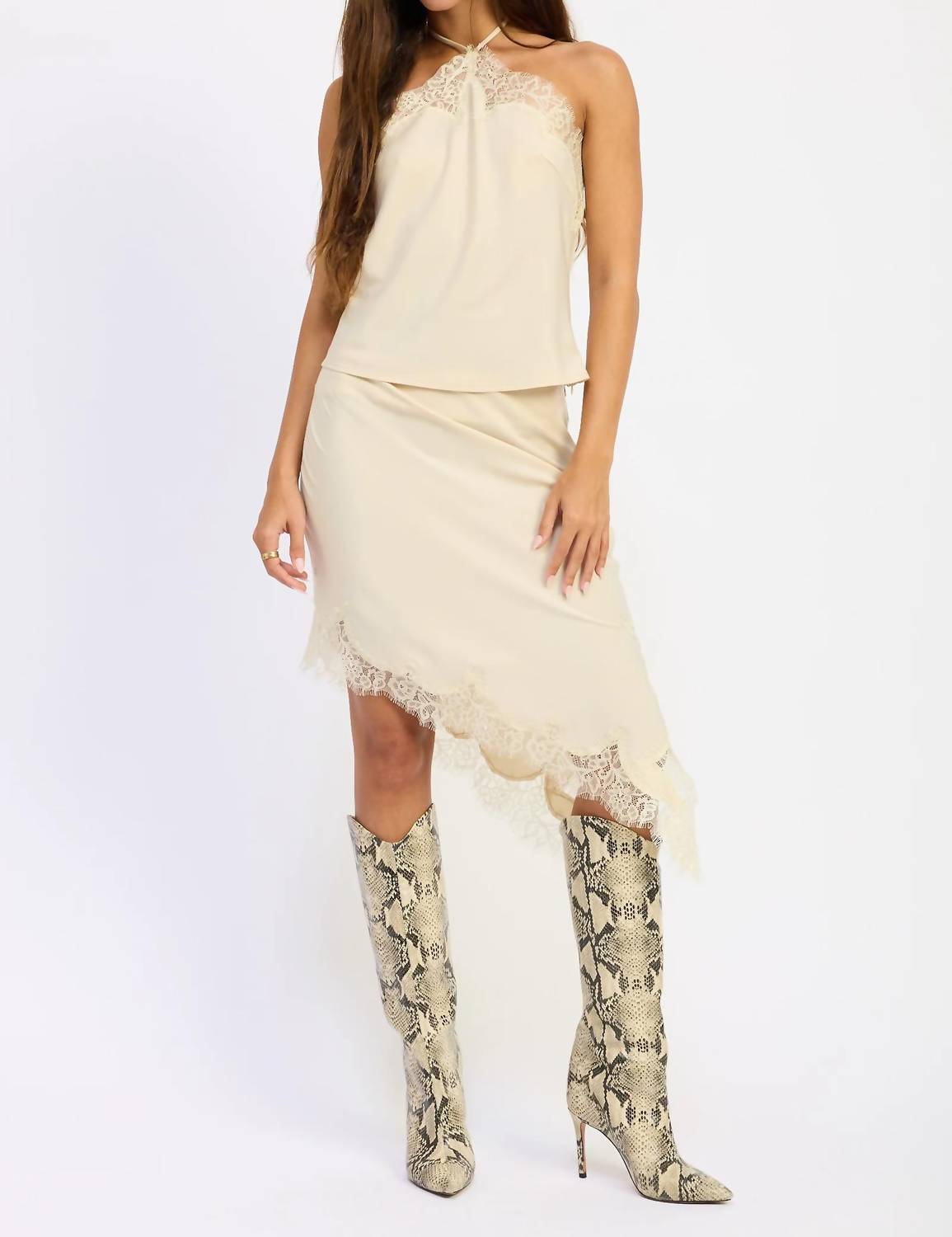 Emory Park - Hailey Satin Lace Asymmetrical Midi Skirt