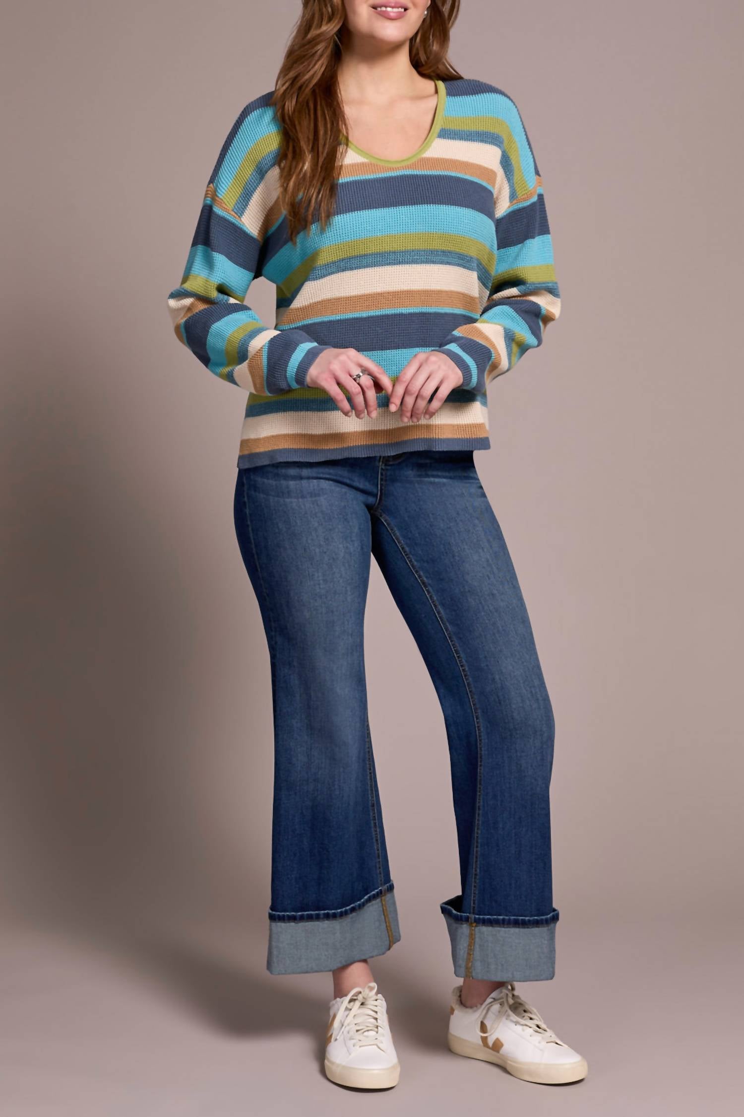 Tribal - Combed Cotton U-Neck Waffle Sweater