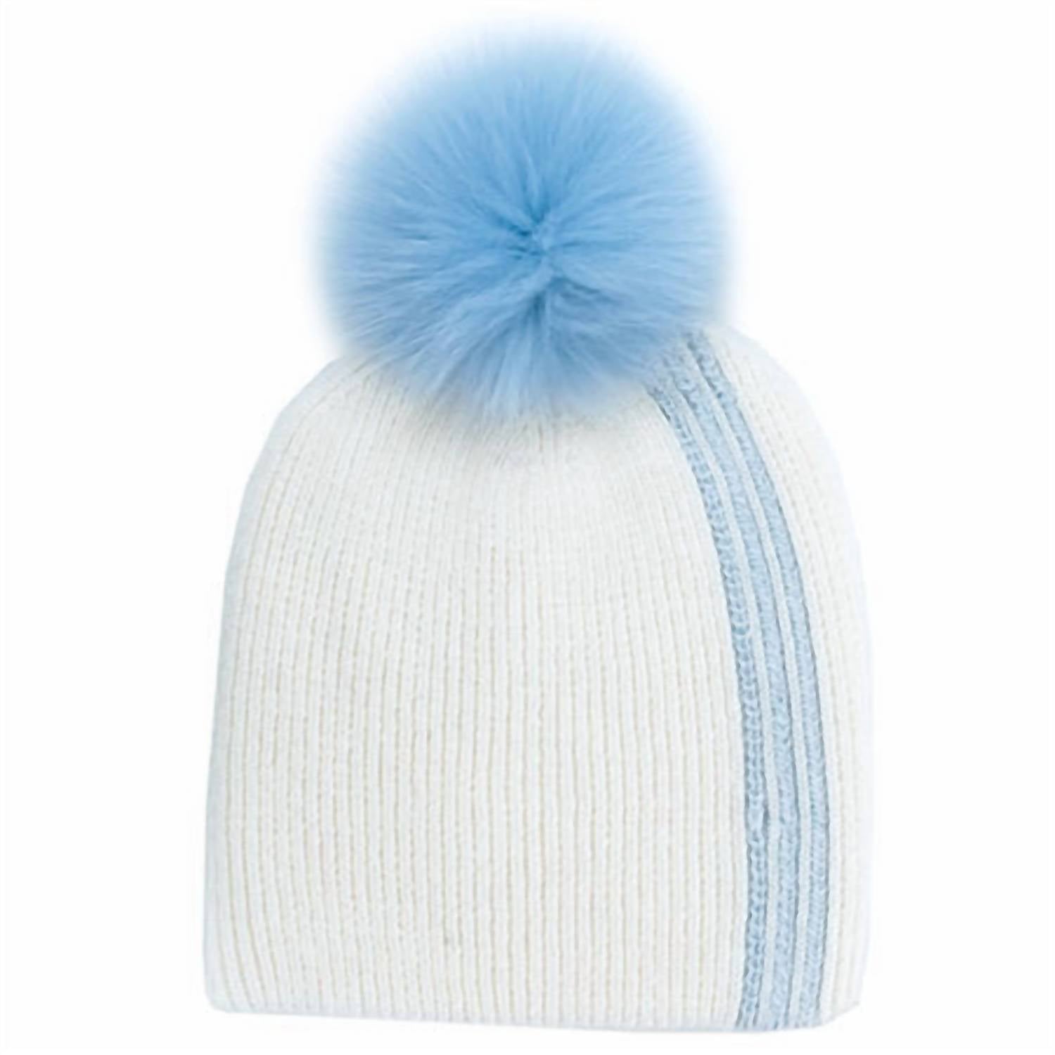 Mitchie'S Matchings - Women's Racer Stripe & Fox Fur Pom Pom Beanie