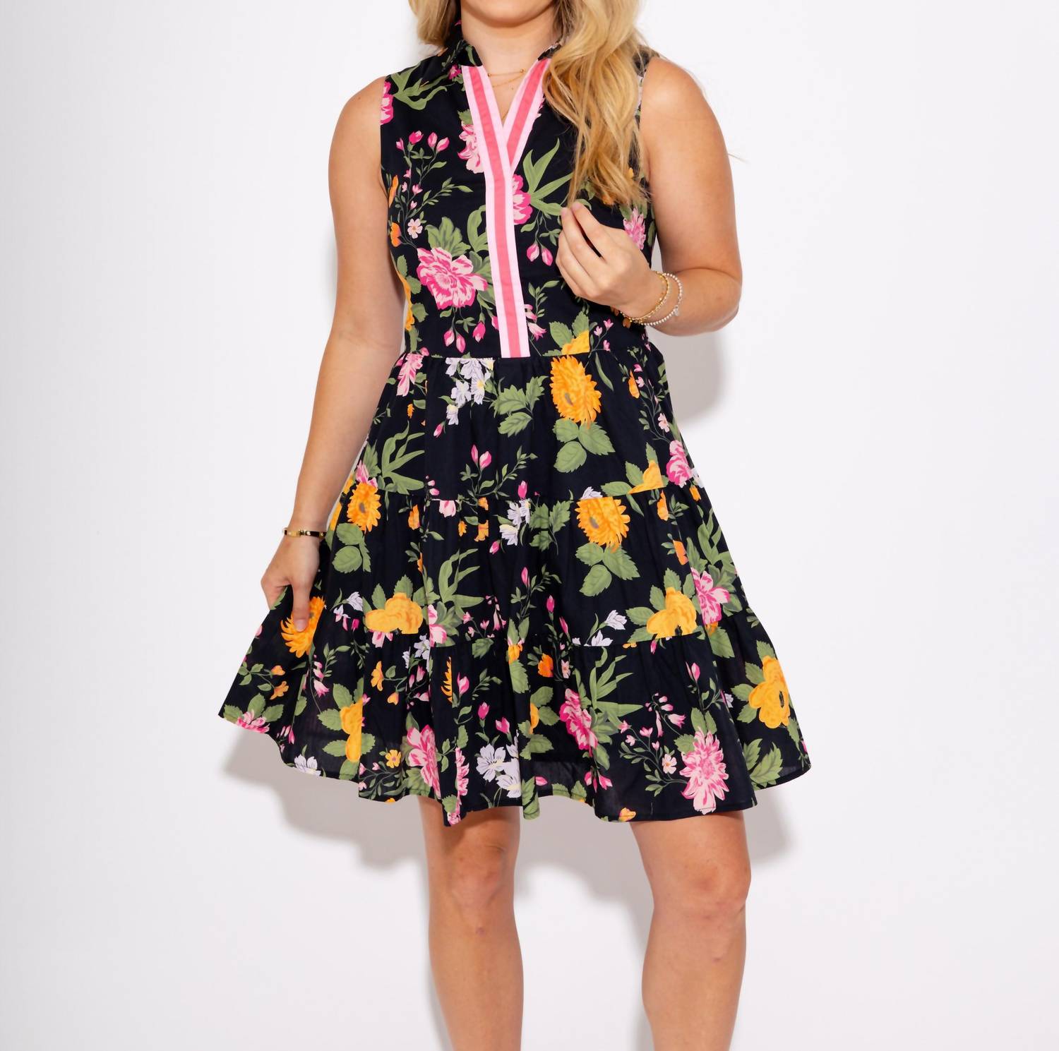 Thml Sleeveless Tiered Floral Dress Black L