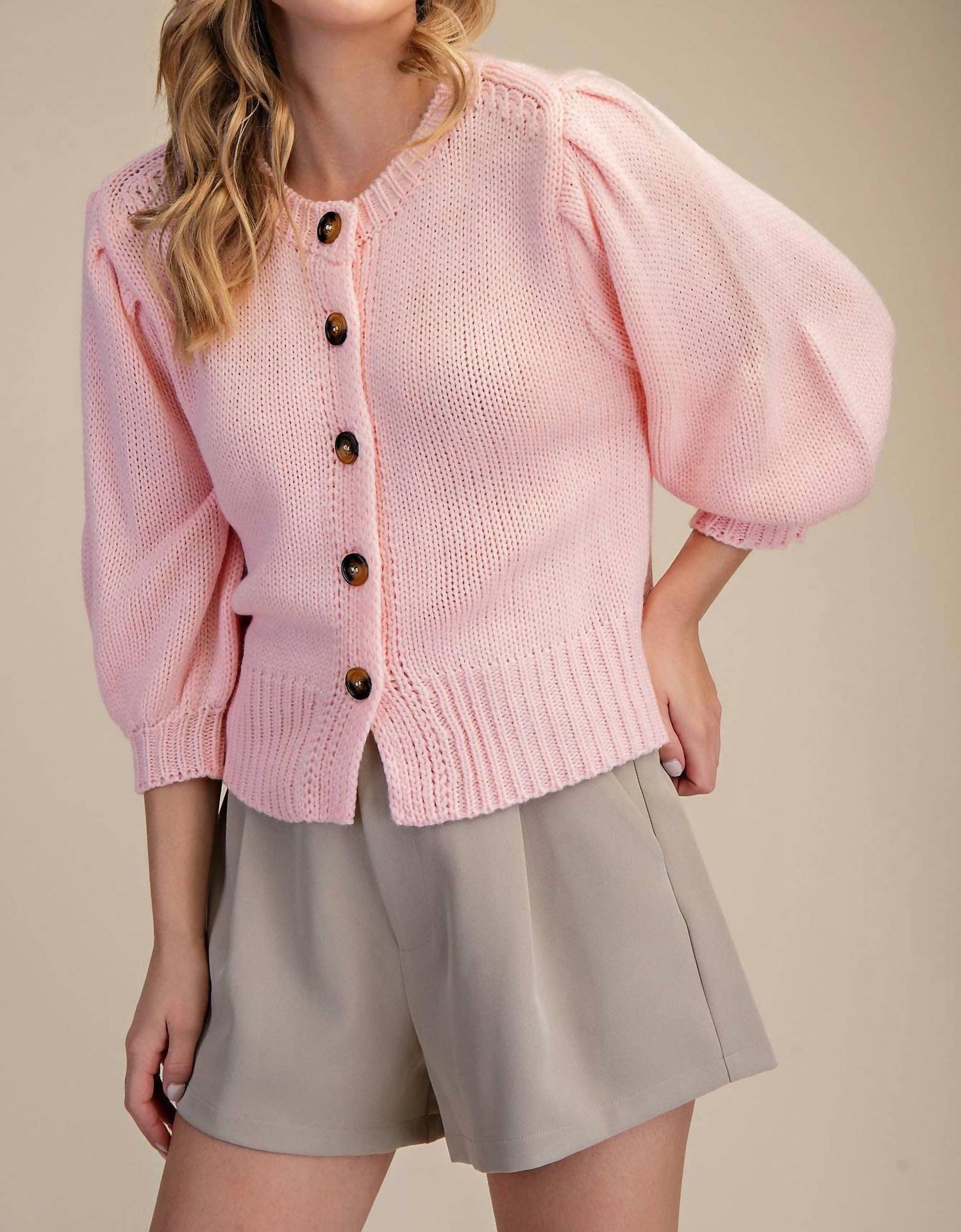 Glam - Short Puff Sleeve Button Down Sweater