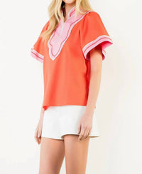 Thml - Women's Contrast Trim Wide Sleeve V Neck Top
