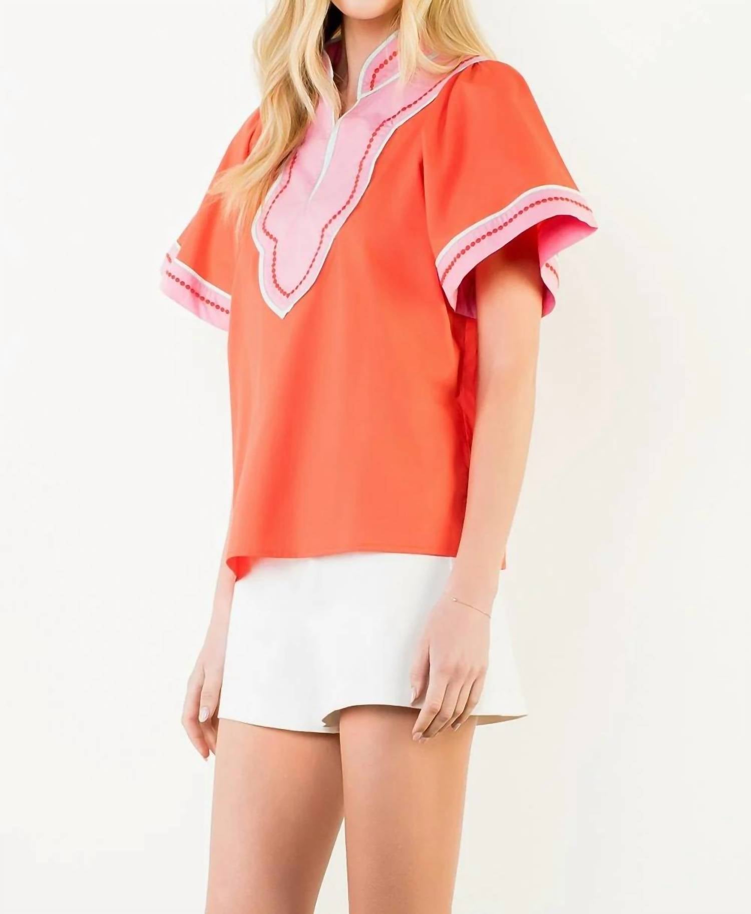 Thml - Women's Contrast Trim Wide Sleeve V Neck Top