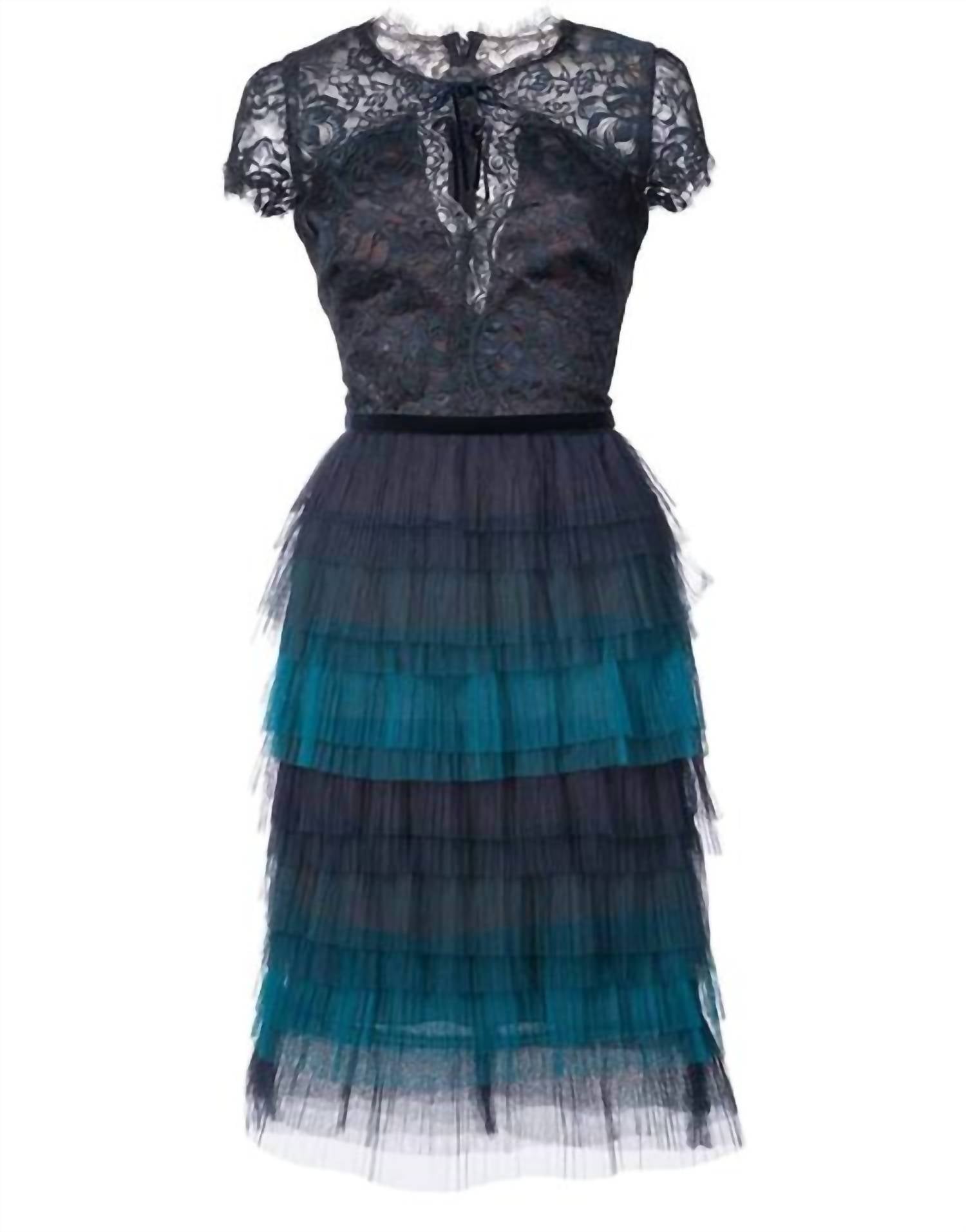 Marchesa - TIERED RUFFLE SHORT SLEEVE COCKTAIL DRESS WITH TIE