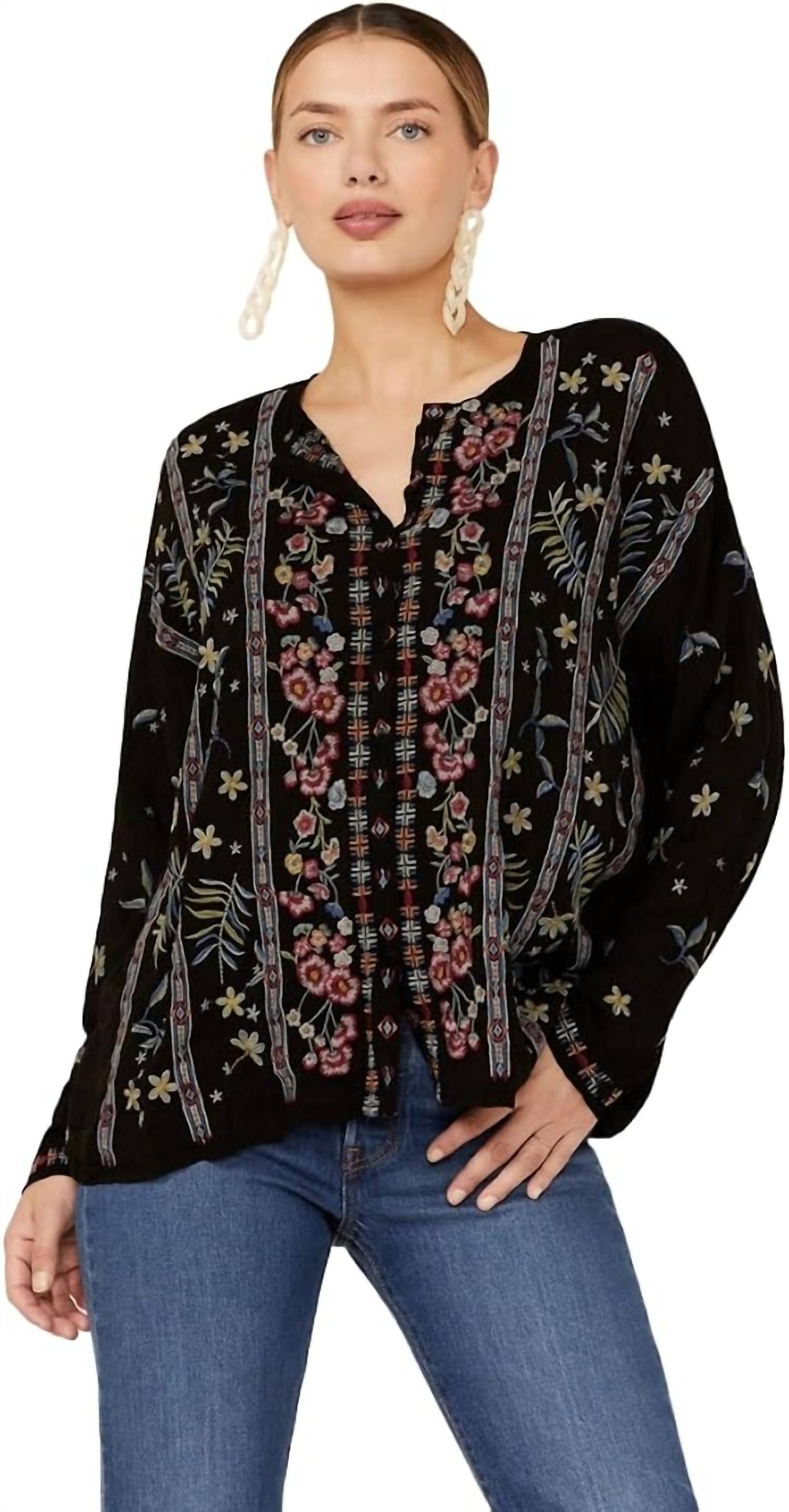 Johnny Was - Stripe Garden Floral Embroidered Blouse