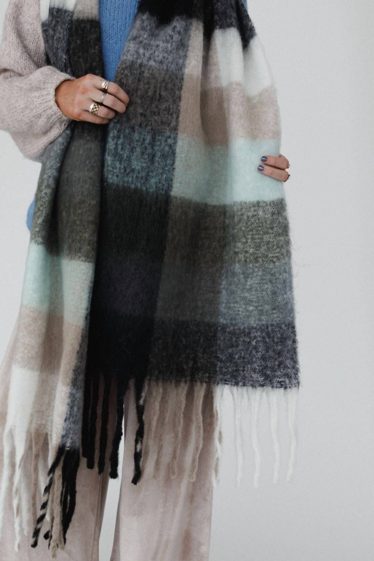 three bird nest Women's Everest Cozy Plaid Scarf in blue - women's scarf - detail view