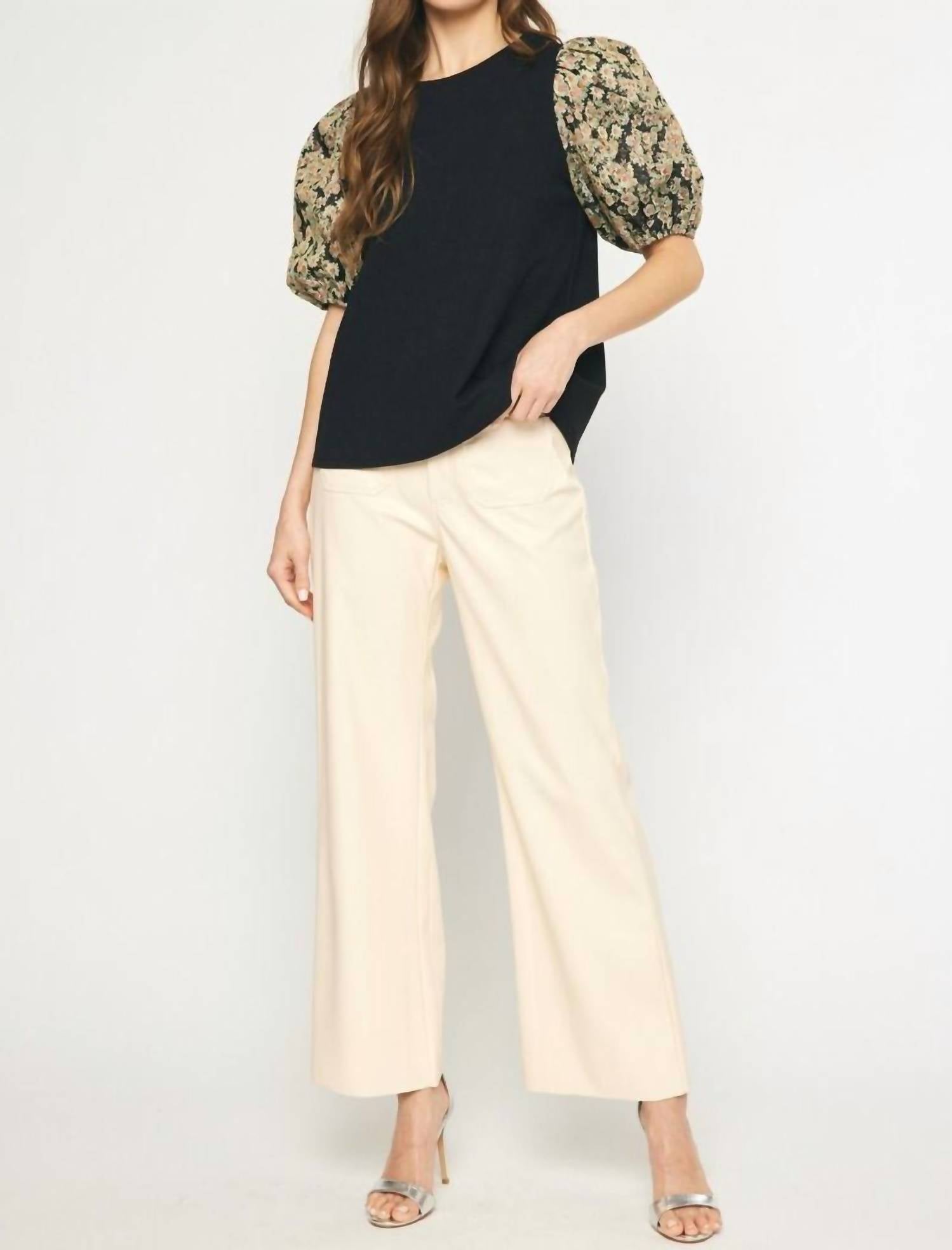 entro Floral Jacquard Sleeve Top in black - women's t-shirt
