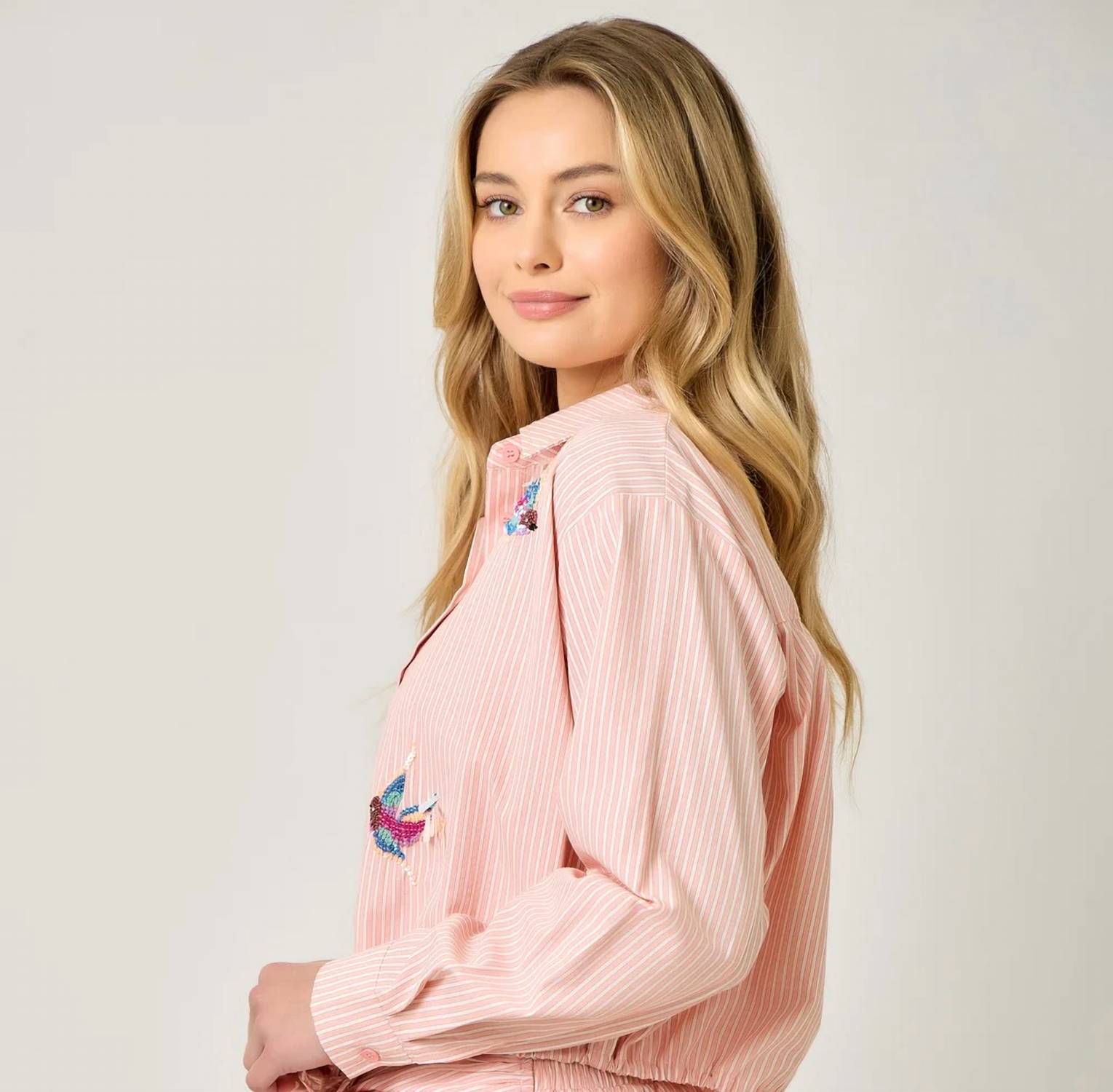 Mystree - Poplin Pinstripe Hummingbird Sequin Shirt
