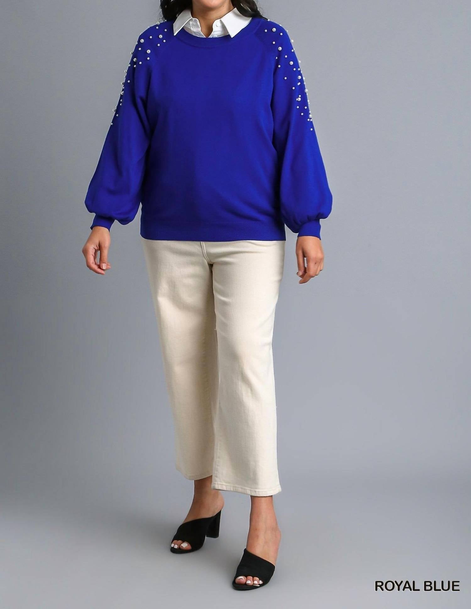 Round Neck Pullover Sweater With Long Sleeve Pearl Details