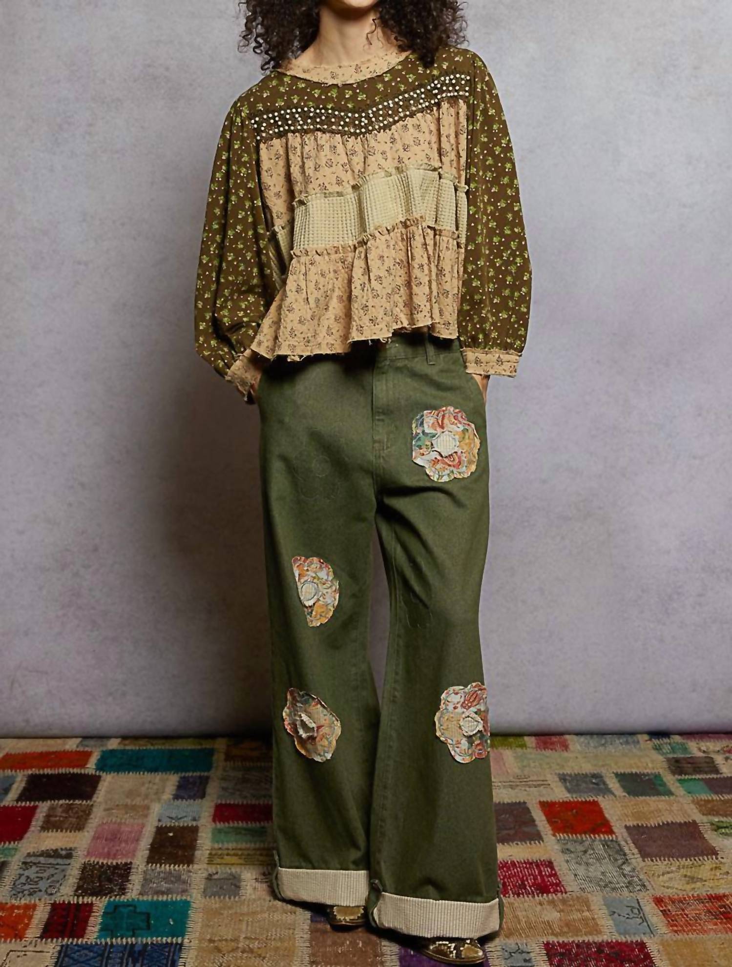 POL Pearl Studded Patch Work Top in olive green - women's blouse - view 4