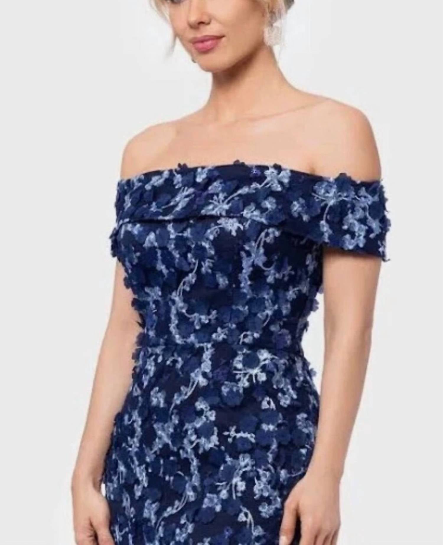 Xscape - Off-the-shoulder Embroidered 3d Floral Lace Midi Dress