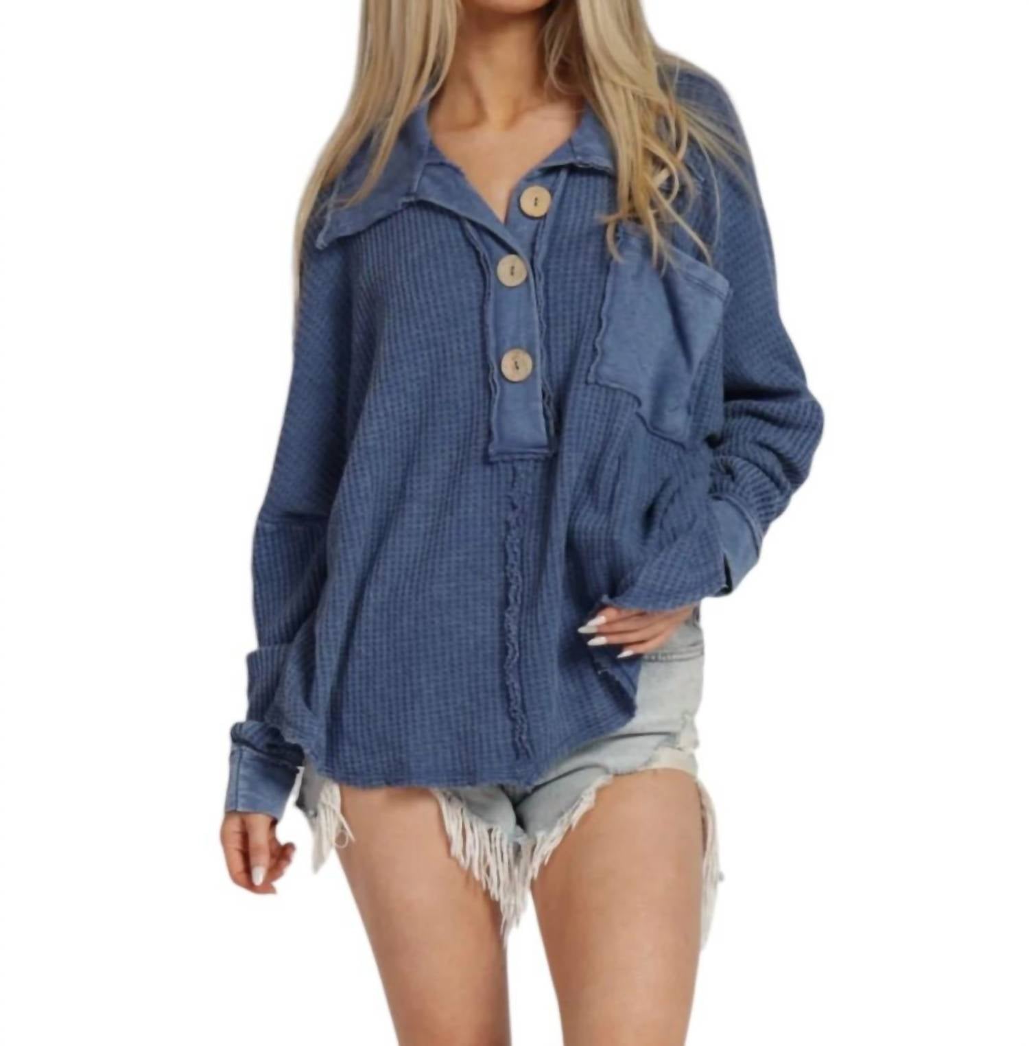 Blue Buttercup Mineral Dyed Waffle Tunic Top in blue - women's shirt - detail view
