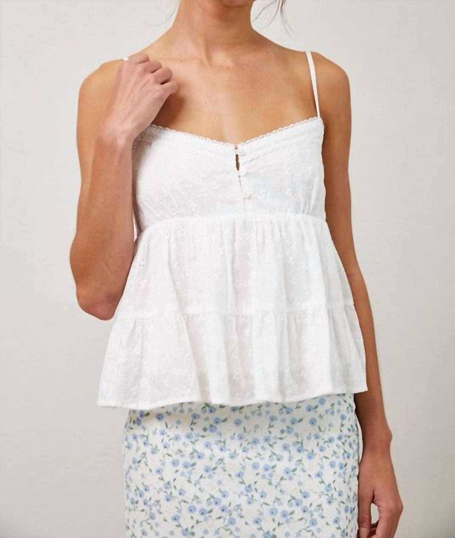 Creamon Eyelet Lace Trim Cami Top in white - women's shirt