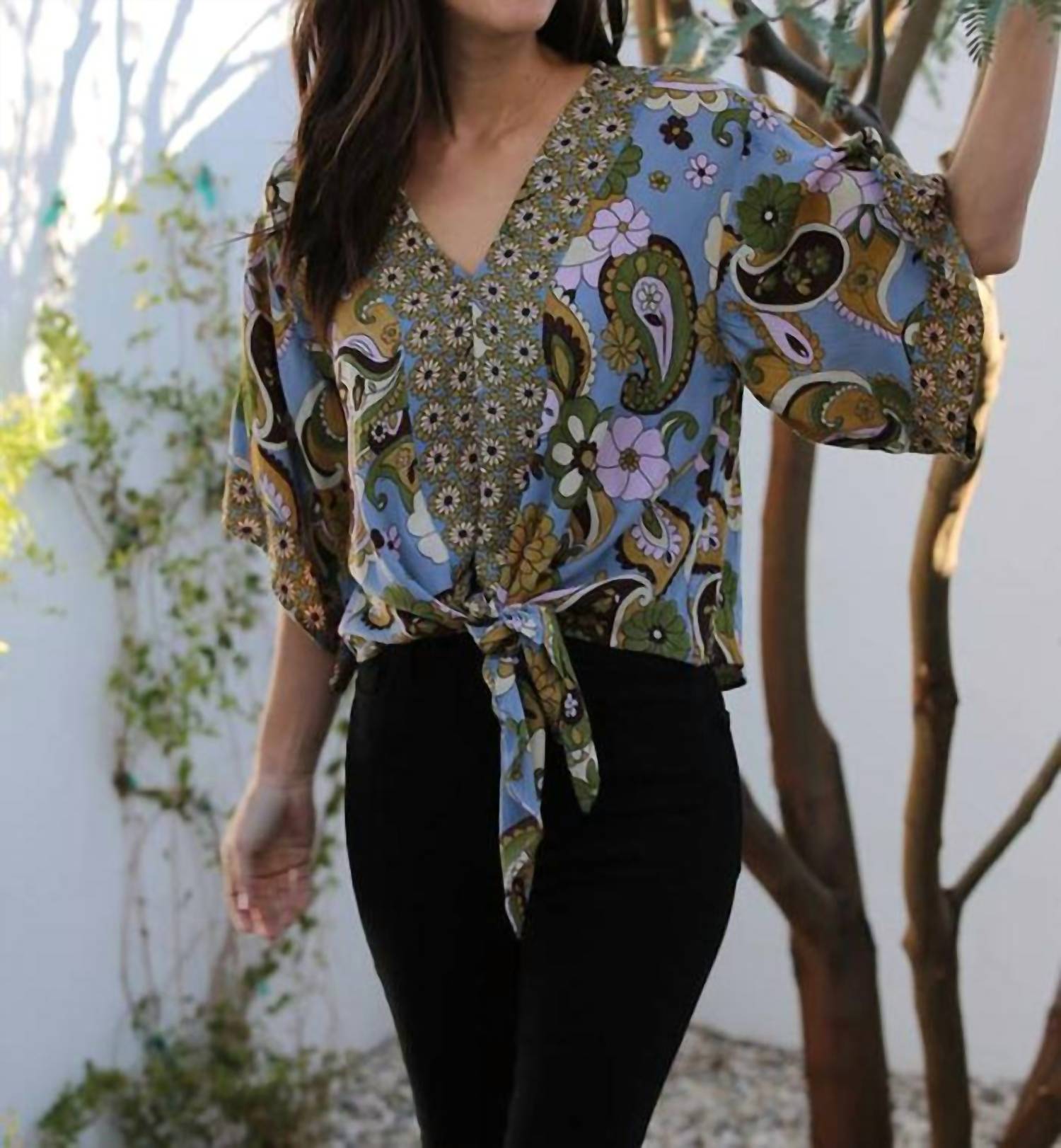 Nostalgia - V Neck Tie Waist Kimono Sleeve Blouse