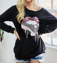 Bibi - Lip Patch French Terry Knit Pullover With Rhinestone