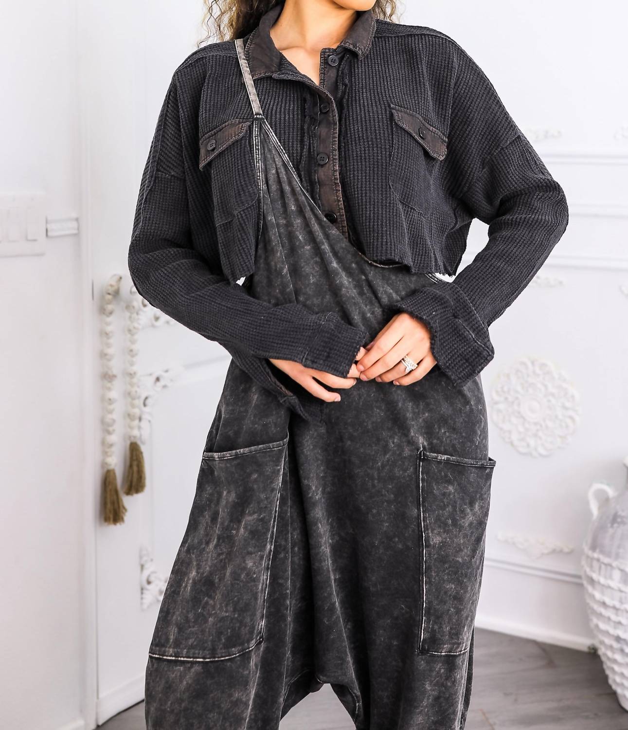 Surelymine - Waffle Knit Cropped Button-up