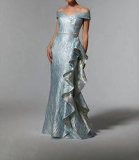 MGNY Off-the-shoulder Neck Metallic Dress in light blue - women's dress