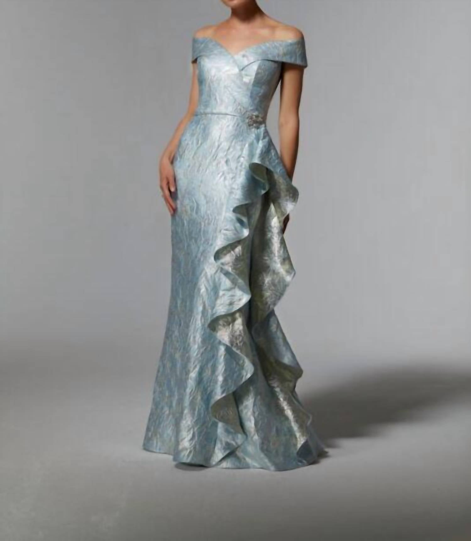 MGNY Off-the-shoulder Neck Metallic Dress in light blue - women's dress