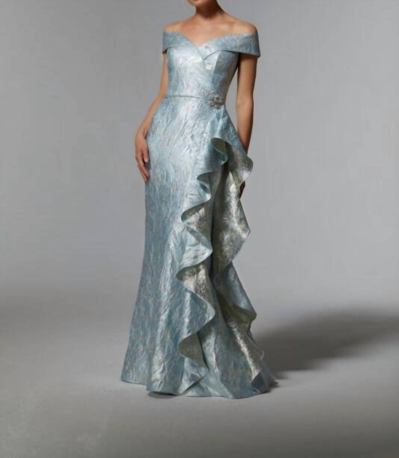 MGNY Off-the-shoulder Neck Metallic Dress in light blue - women's dress