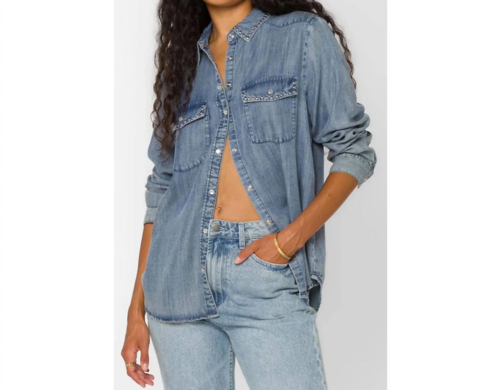 Velvet Heart Chambray Long Sleeve Snap Button-up Shirt in blue - women's shirt