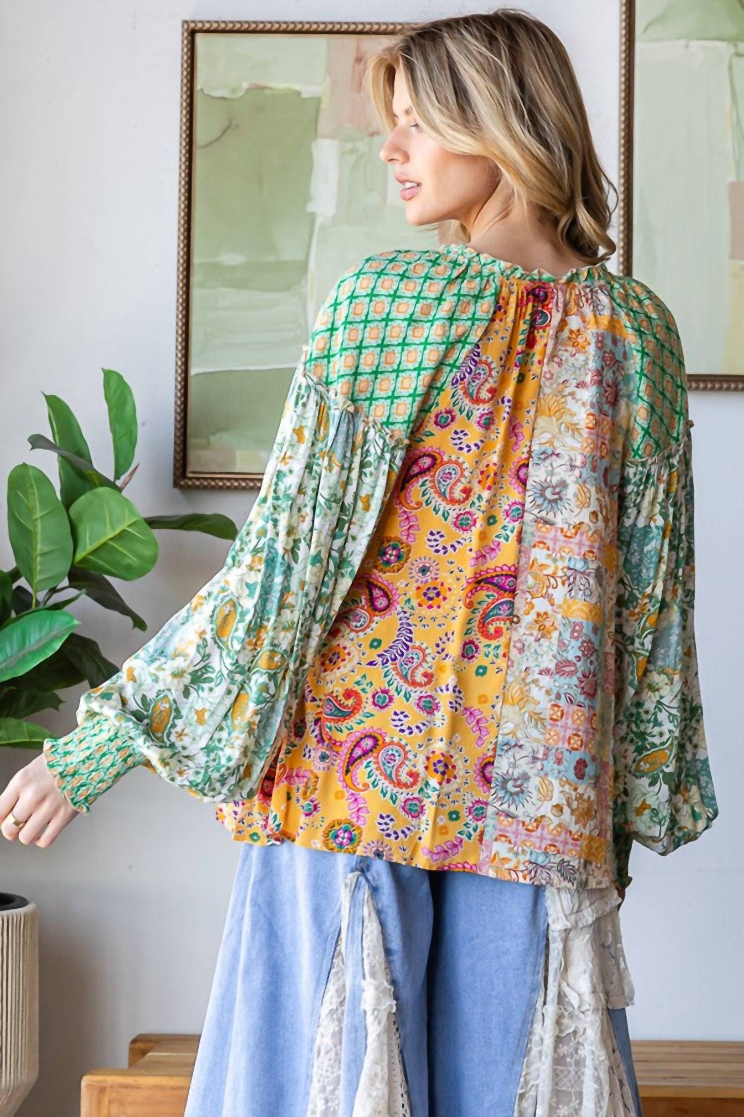 Oli & Hali Button Front V Neck Smocked Cuffs Blouse in multi - women's blouse - alternate view