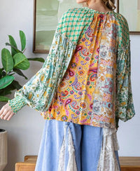 Oli & Hali Button Front V Neck Smocked Cuffs Blouse in multi - women's blouse - detail view