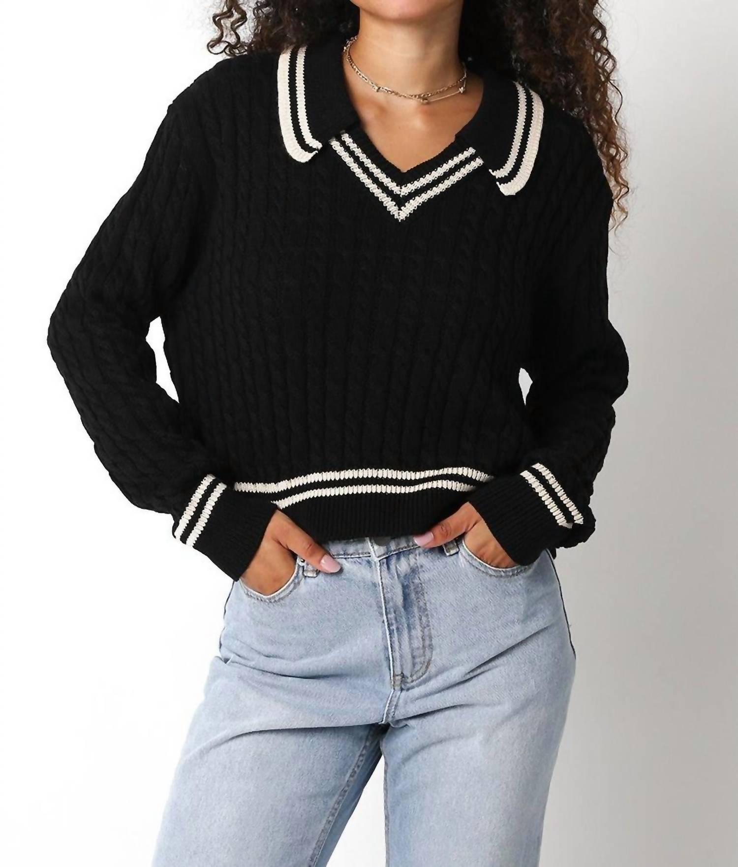 Olivaceous - Cable Collared Sweater