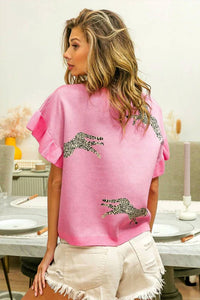 Bibi - LEOPARD PATTERN SHORT SLEEVE SWEATER TOP