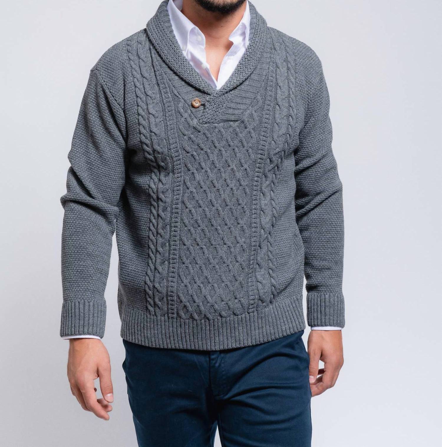Smf - Shawl Collar Pullover Cable Knit Sweater