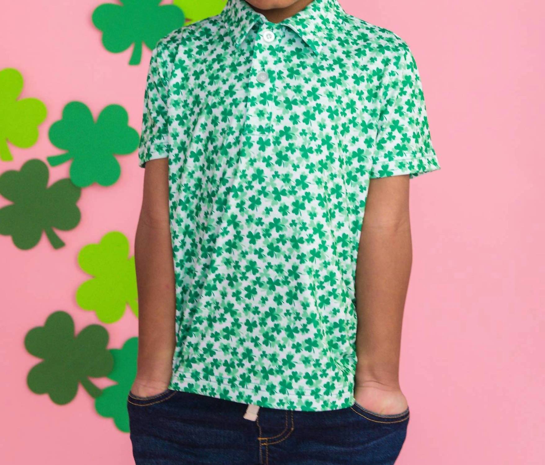 Rufflebutts - Boy's Tiny Clover Field Short Sleeve Performance Polo