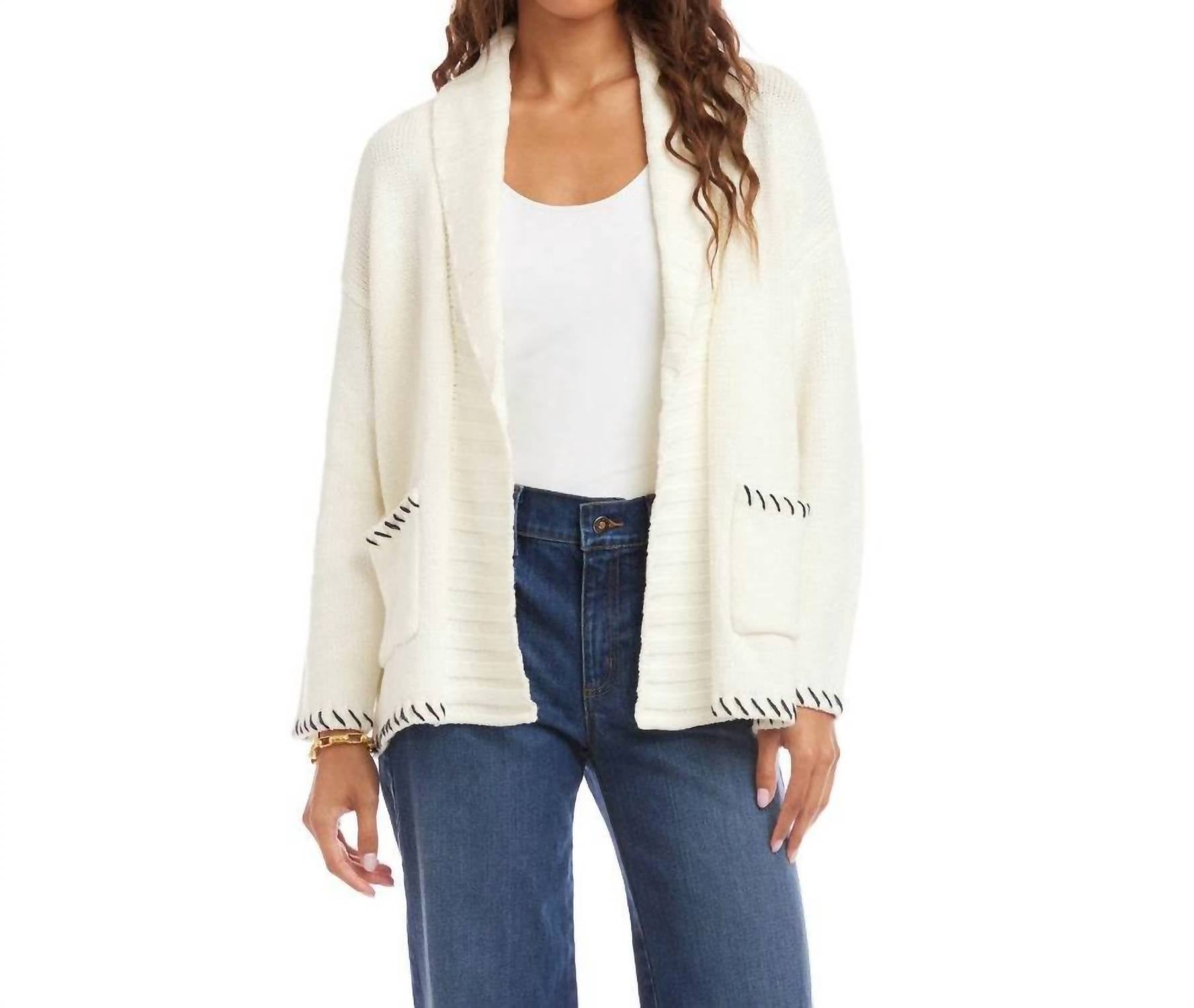 Karen Kane Contrast Stitch Open Front Cardigan Sweater in off white with navy - women's cardigan