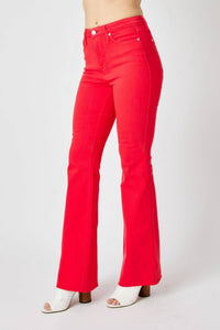Judy Blue Waist Tummy Control Garment Flare Denim Jeans in dyed red - women's jeans - alternate view