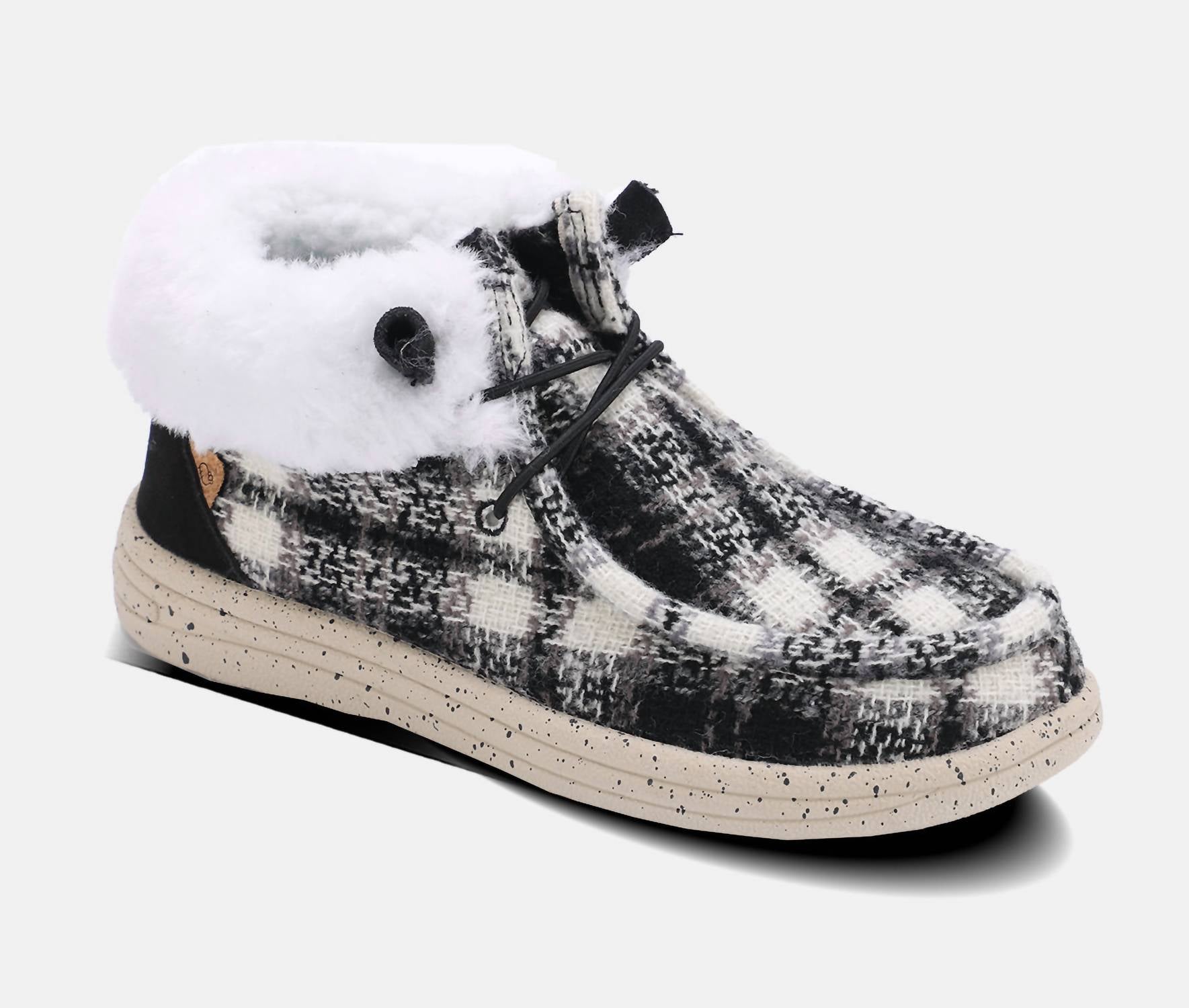 Lamo Women's Cassidy Flat Winter Shoes in black plaid - women's shoe - detail view