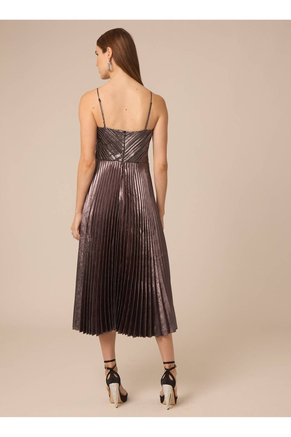 GILNER FARRAR Indie Midi Dress in silver metallic pleating - women's dress - alternate view