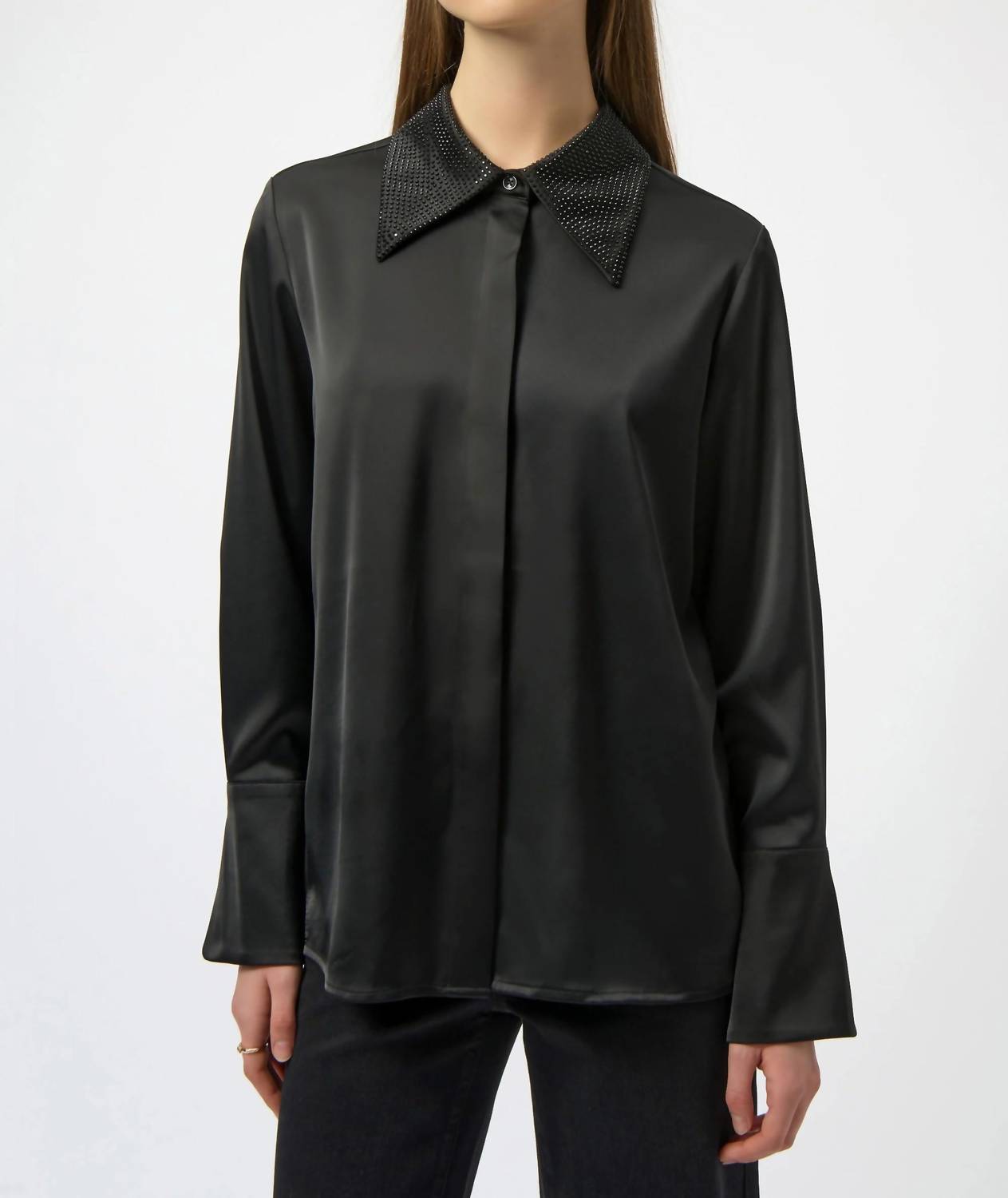 Joseph Ribkoff Satin Button-front Blouse With Embellished Collar in black - women's blouse