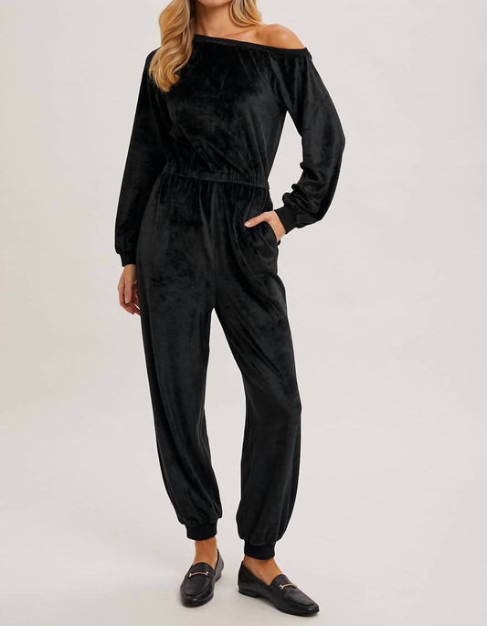 Bluivy - Velvet One Shoulder Boat Neck Jumpsuit