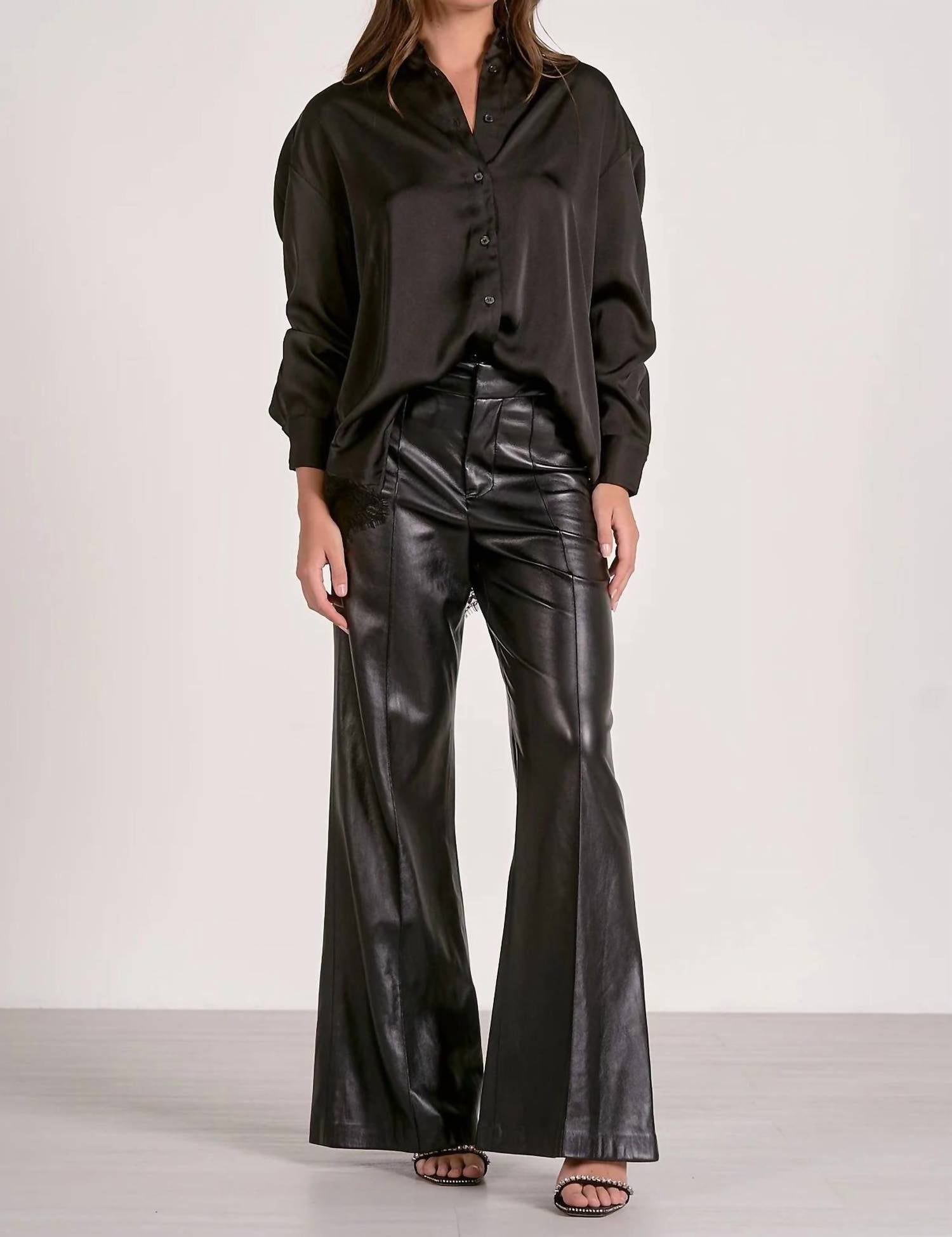 ELAN Delfina Lace Back Satin Button Down in black - women's shirt - view 4