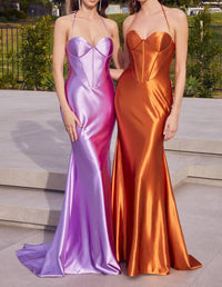 Cinderella Divine - Halter Satin Corset Fitted Prom Dress