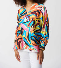 Joseph Ribkoff - Abstract Print V-neck Boxy Satin Top