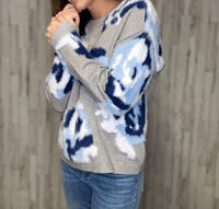Charlie B - Hairy Yarn Floral Jacquard Crew Neck Drop Shoulder Sweater