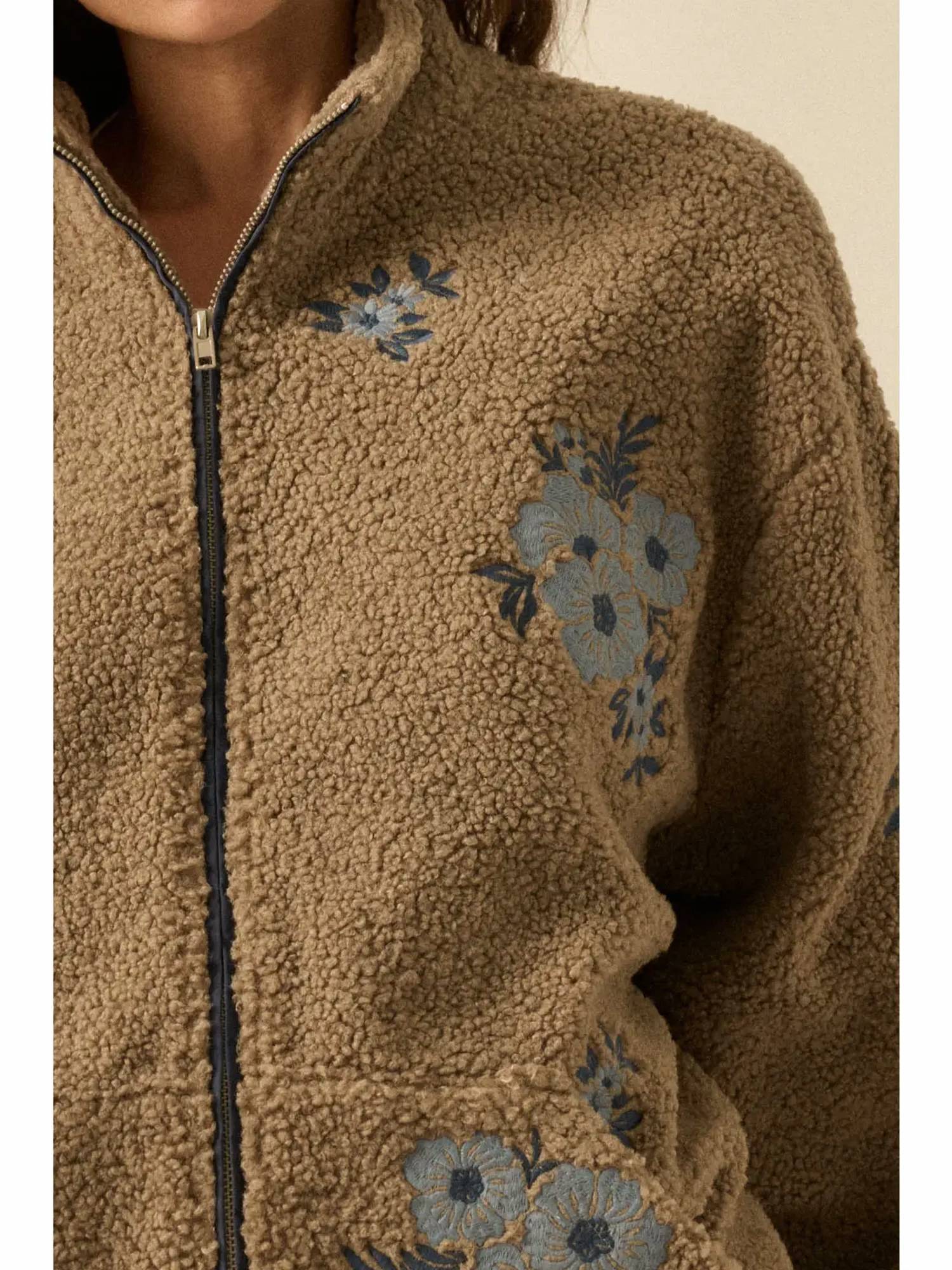 Promesa - Warm Blossoms Floral-embroidered Fleece Jacket