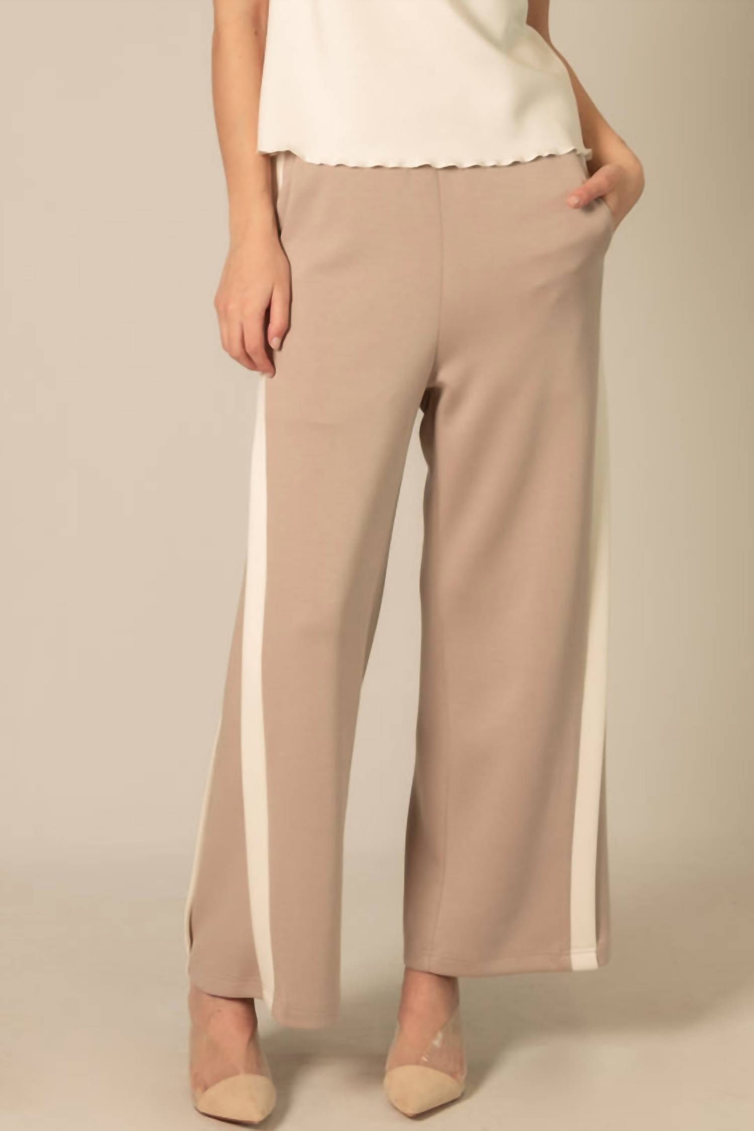 P.CILL Side Contrast Double Stripe Wide Leg Pants in taupe ivory - women's pants