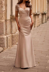 La Femme - Floral Appliqué Satin Trumpet Gown