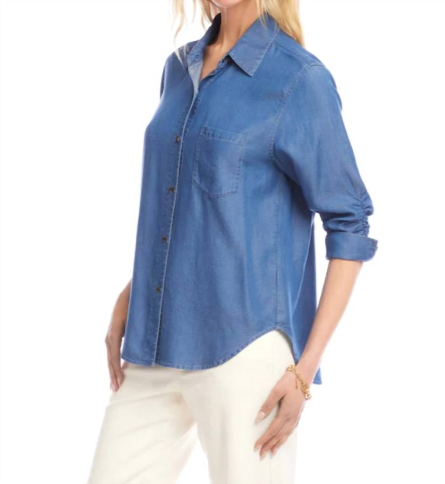Karen Kane Ruched Three Quarter Sleeve Button-up Shirt in chambray - women's blouse - alternate view