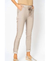 Look Mode USA Plain Jegging w/ Ribbon Side Hot Wash in beige - women's pants