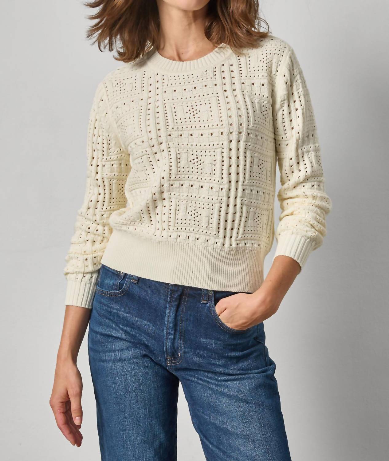 Lilla P - Patchwork Stitch Crewneck Sweater Top